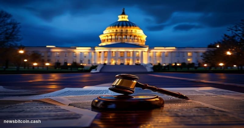 Cinematic photorealistic editorial photograph of the United States Capitol building in Washington D.C. at dusk, shot from a l