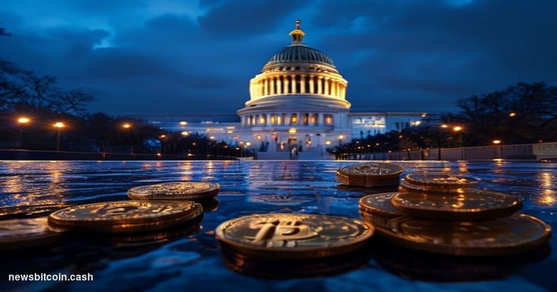 Cinematic photorealistic editorial photograph of the United States Capitol building in Washington D.C. at dusk, shot from a l
