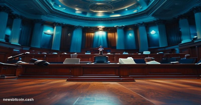 Cinematic photorealistic editorial photograph of the United States Senate chamber interior, shot from a low angle looking tow