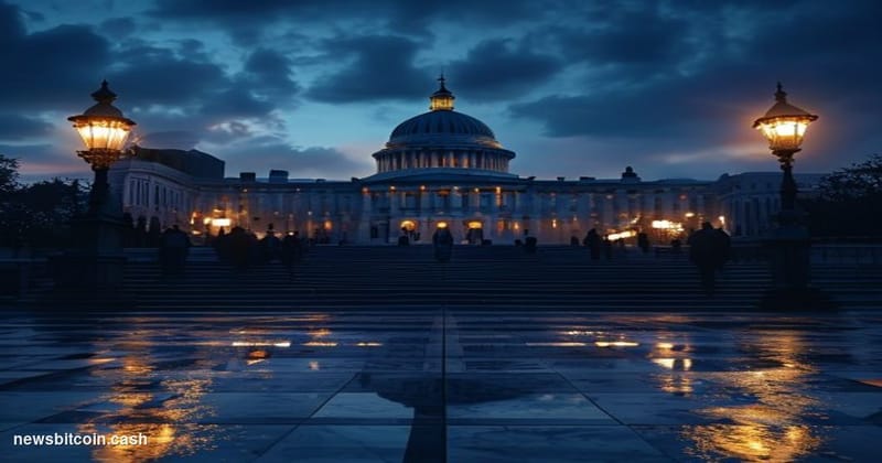 Cinematic photorealistic editorial photograph of the United States Senate chamber exterior at dusk, the neoclassical Capitol 