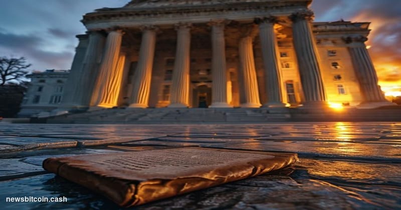 Cinematic photorealistic editorial photograph of the United States Senate building on Capitol Hill at dusk, shot from a low a