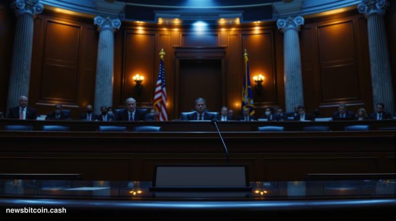 Cinematic photorealistic editorial photograph of a formal Senate hearing chamber in Washington D.C., shot from a low angle lo