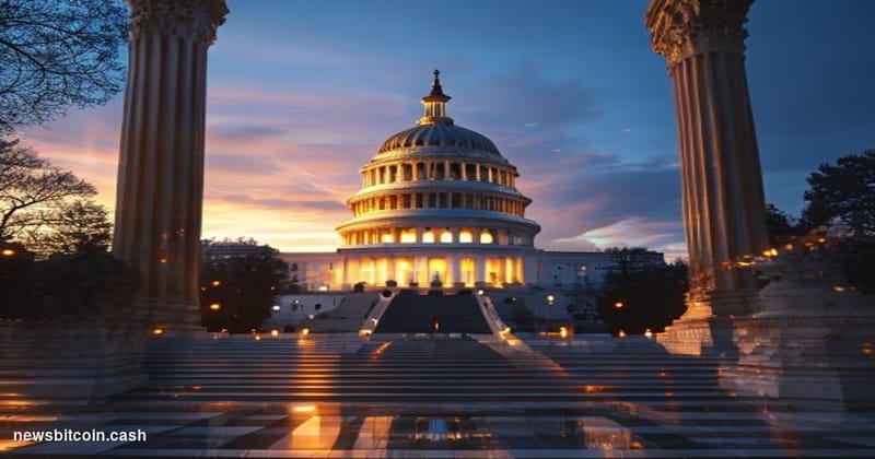 Cinematic photorealistic editorial photograph of the United States Capitol building in Washington D.C. at dusk, shot from a l