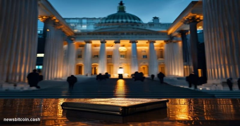 Cinematic photorealistic editorial photograph of the United States Capitol building in Washington D.C. at dusk, shot from a l