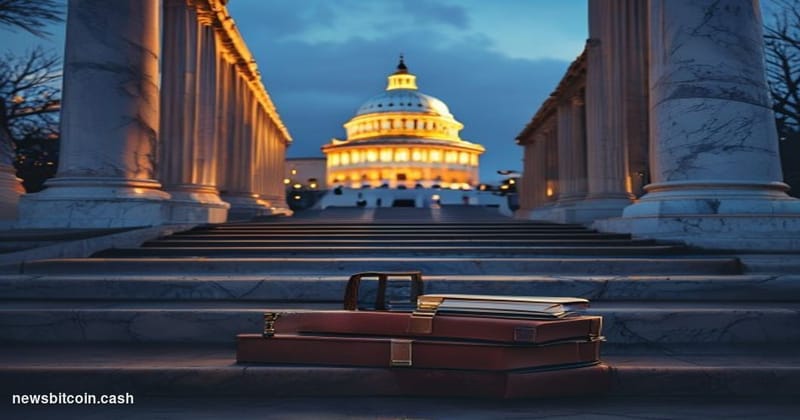Cinematic photorealistic editorial photograph of the United States Capitol building in Washington D.C. at dusk, shot from a l