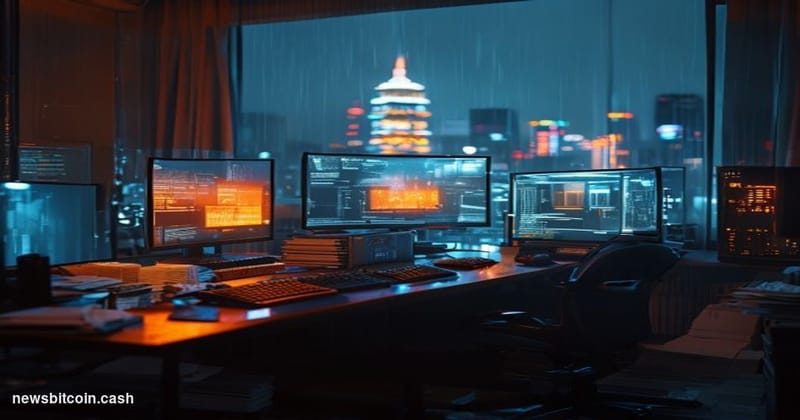 Cinematic photorealistic editorial photograph of a sleek but sinister-looking computer workstation in a dimly lit Seoul apart