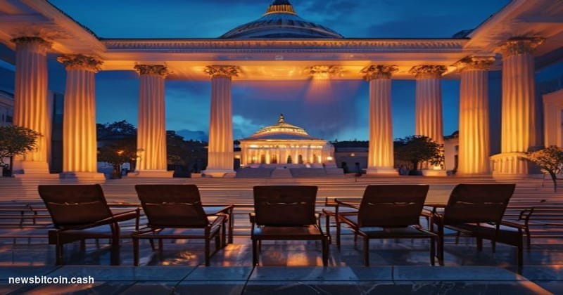 A cinematic photorealistic editorial photograph of the United States Senate chamber exterior at dusk, the Capitol building's 