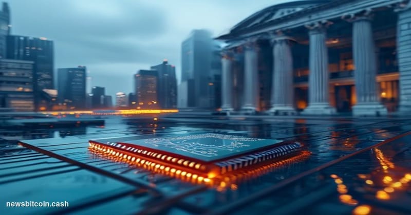 Cinematic photorealistic editorial photograph of a dramatic financial district scene split between Seoul and New York — in th