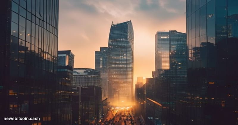 Cinematic photorealistic editorial photograph of the Seoul skyline at dawn, shot from a low angle looking up at the glassy to