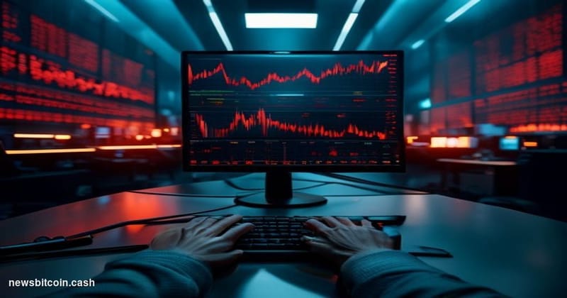 Cinematic photorealistic editorial photograph of a high-stakes trading floor environment, dramatically lit from above with co