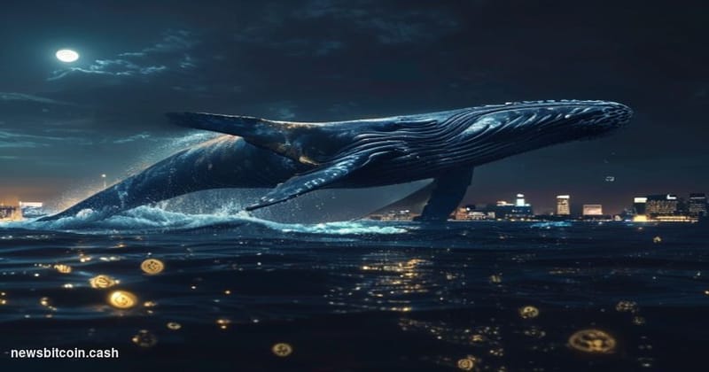 Cinematic photorealistic editorial photograph of a massive, ancient sperm whale emerging from a pitch-black ocean at night, i