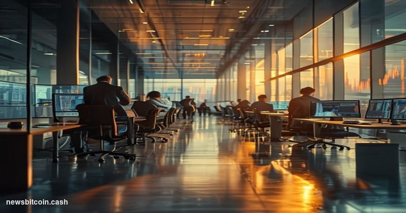A cinematic photorealistic editorial photograph set in a sleek, half-empty modern open-plan office in a US financial district
