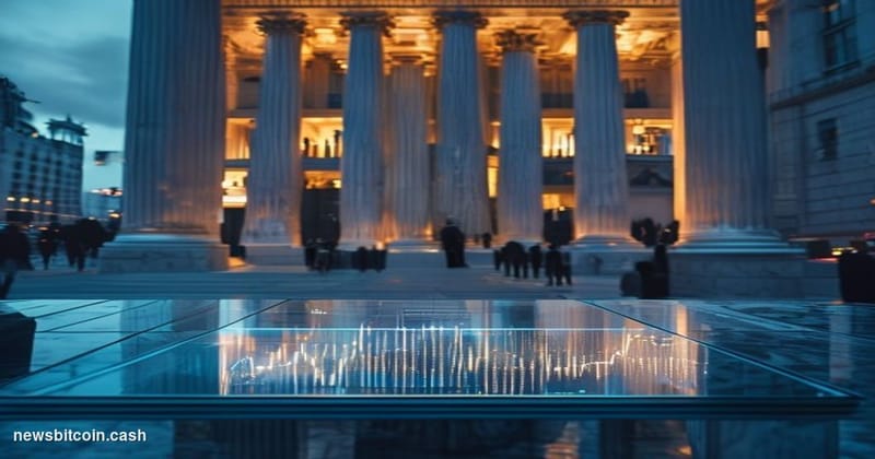 Cinematic photorealistic editorial photograph of the London Stock Exchange's iconic Paternoster Square entrance in the City o