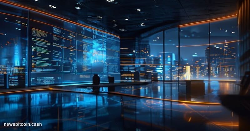 Cinematic photorealistic editorial photograph of a modern bank operations center at night, with large curved screens displayi