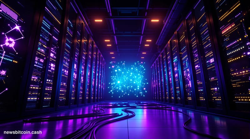 Cinematic photorealistic editorial photograph of a massive server rack installation bathed in deep violet and electric green 