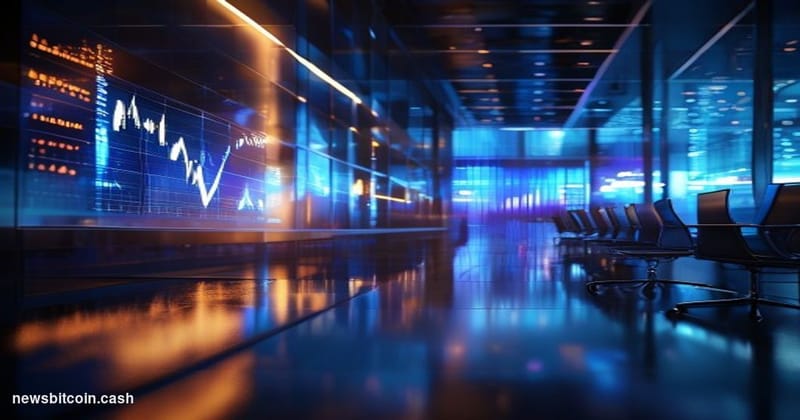 Cinematic photorealistic editorial photograph of a glowing Solana-branded display screen mounted in a modern trading floor en