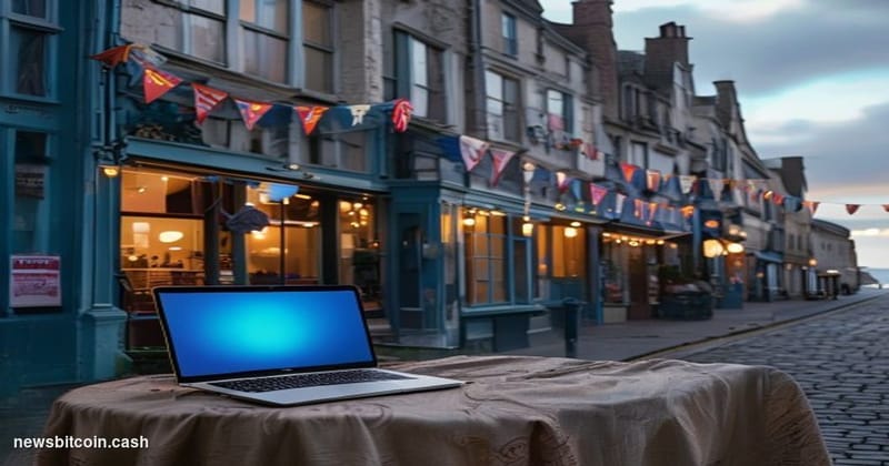 Cinematic photorealistic editorial photograph of a British coastal town high street, evoking Clacton-on-Sea's seaside charact