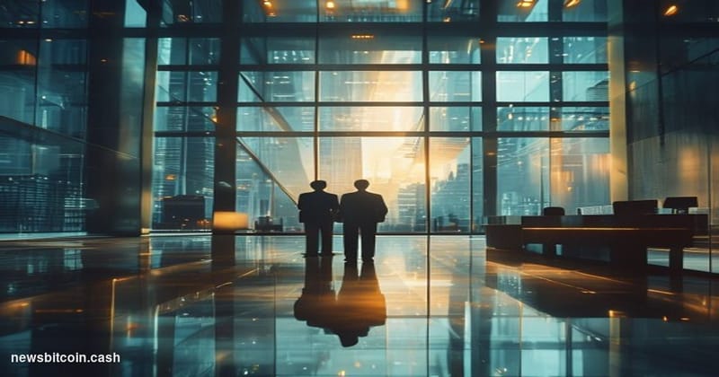 Cinematic photorealistic editorial photograph of a modern glass-and-steel financial trust office lobby bearing the name "Conn