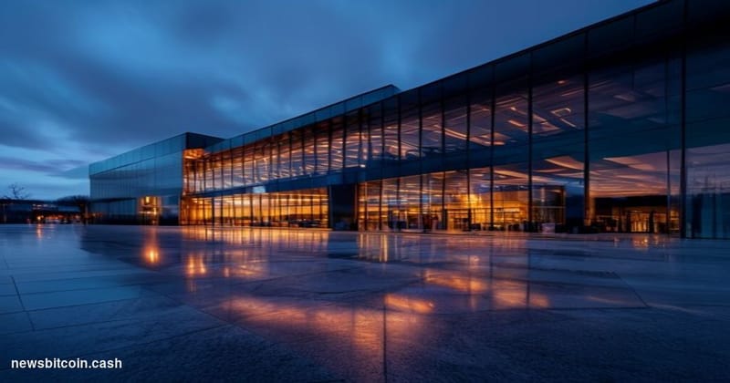 Cinematic photorealistic editorial photograph of a sleek modern banking headquarters at dusk, with a Sony Bank branded glass 