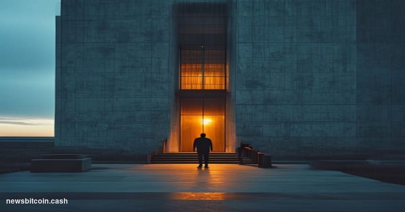 Cinematic photorealistic editorial photograph of a stark federal courthouse in the American Midwest, shot at dawn with cold b
