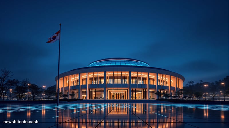 Cinematic photorealistic editorial photograph of the South Korean National Assembly building in Seoul at dusk, its distinctiv
