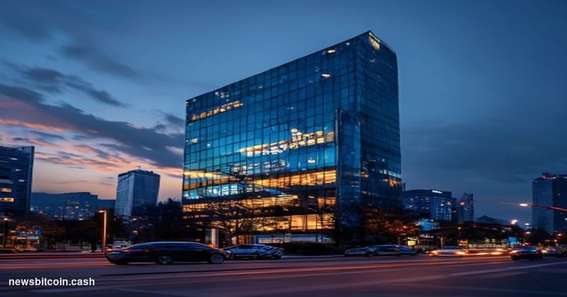Cinematic photorealistic editorial photograph of the KB Kookmin Bank headquarters tower in Seoul, South Korea, shot from a lo