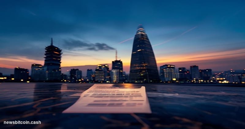 Cinematic photorealistic editorial photograph of the KB Kookmin Bank headquarters tower in Seoul, South Korea, shot from a lo
