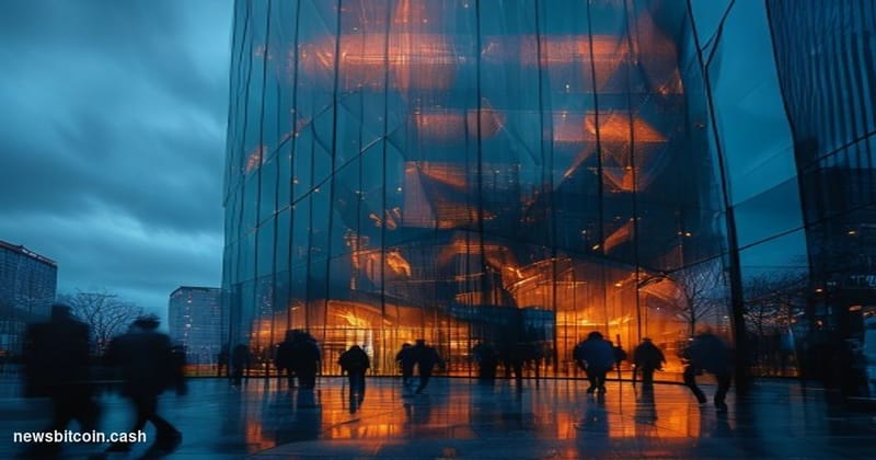 Cinematic photorealistic editorial photograph of the Korea Exchange building in Yeouido, Seoul's financial district, shot fro