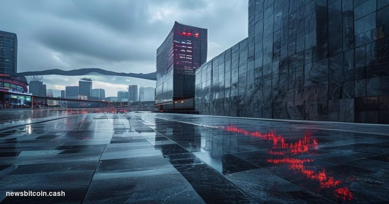 Cinematic photorealistic editorial photograph of the Korea Exchange building in Yeouido, Seoul's financial district, shot fro