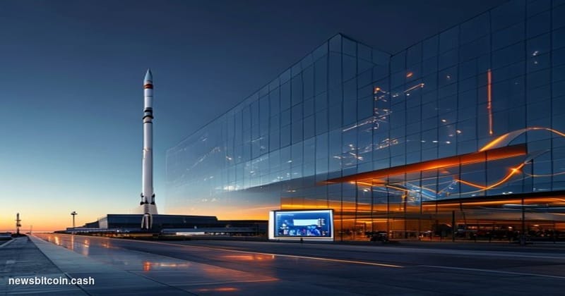 Cinematic photorealistic editorial photograph of SpaceX's Hawthorne, California headquarters at dusk, the iconic white and si