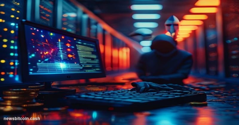 Cinematic photorealistic editorial photograph of a dramatic, dimly lit server room corridor with deep shadows and selective c