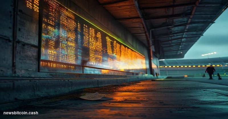 Cinematic photorealistic editorial photograph shot at ground level looking up at a giant digital prediction market odds board