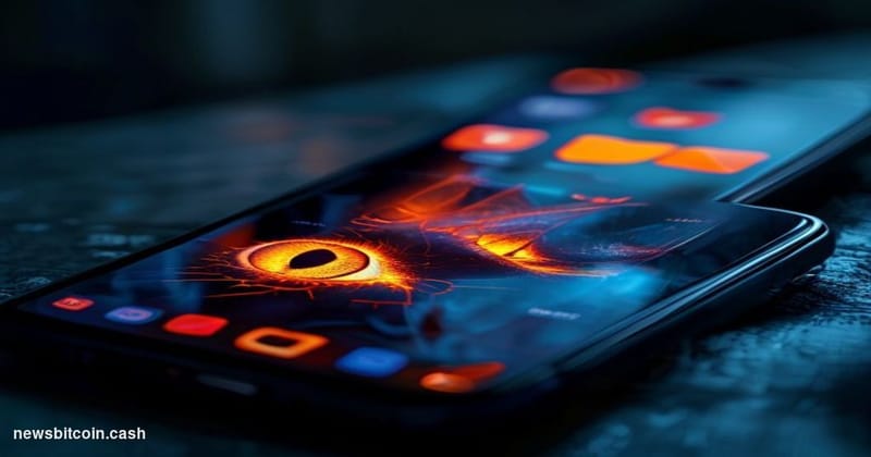A cinematic photorealistic editorial photograph showing a close-up of a smartphone screen displaying a blurred crypto wallet 