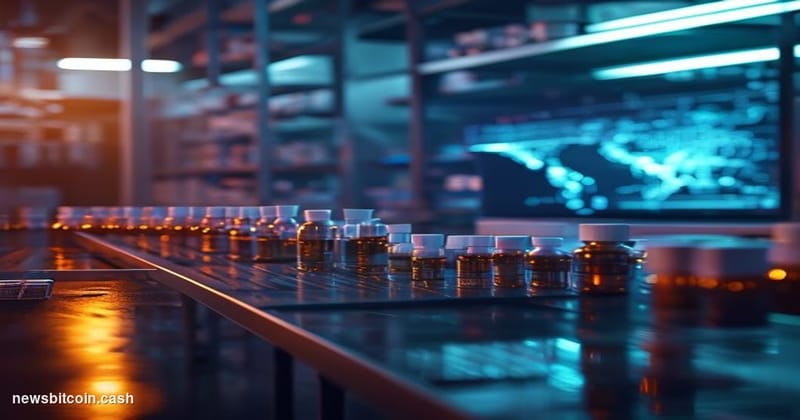 Cinematic photorealistic editorial photograph shot at eye level in a dimly lit pharmaceutical storage environment, featuring 