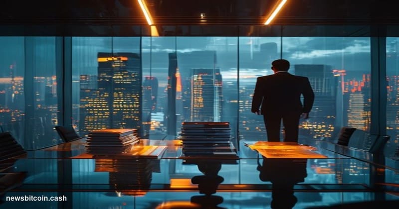 Cinematic photorealistic editorial photograph of a high-stakes financial war room environment — a sleek, darkened corporate b