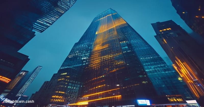 Cinematic photorealistic editorial photograph of Standard Chartered's iconic Hong Kong headquarters tower at dusk, shot from 