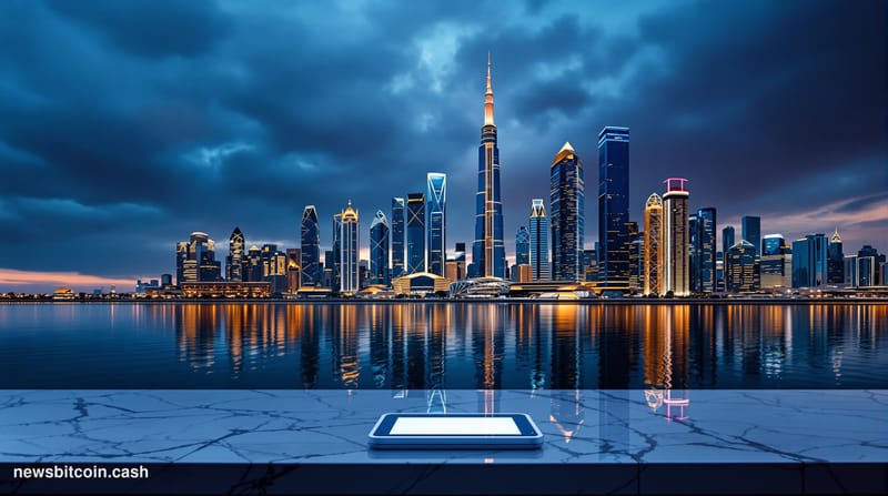 Cinematic photorealistic editorial photograph of the Dubai International Financial Centre skyline at dusk, with the iconic Ga