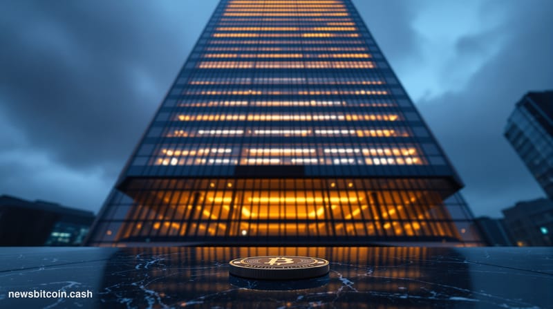 Cinematic photorealistic editorial photograph of Standard Chartered's iconic Hong Kong headquarters tower on a moody overcast