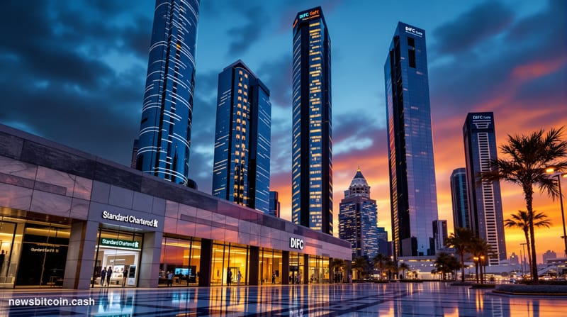 Cinematic photorealistic editorial photograph of the Dubai International Financial Centre skyline at dusk, with the distincti