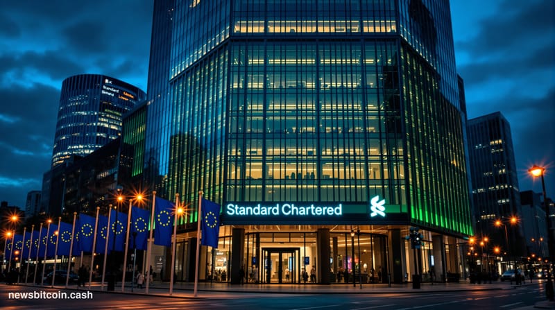 Cinematic photorealistic editorial photograph of Standard Chartered's London headquarters exterior at dusk, the iconic green 