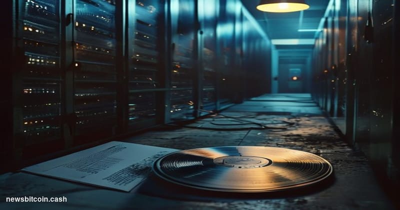 A cinematic photorealistic editorial photograph of a crumbling, weathered server rack standing in a dimly lit data center cor