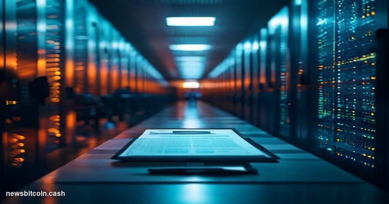 Cinematic photorealistic editorial photograph of a dimly lit data center corridor, long rows of blinking server racks recedin