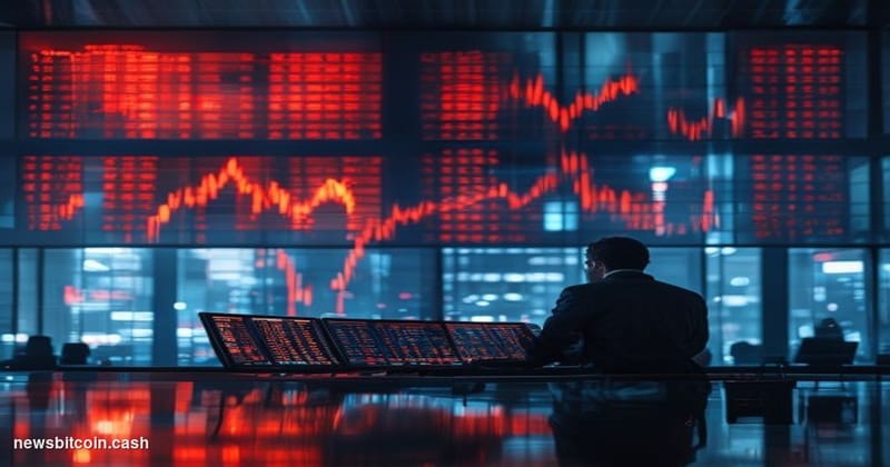 Cinematic photorealistic editorial photograph of a dramatic financial trading floor environment at dusk, with large screens d