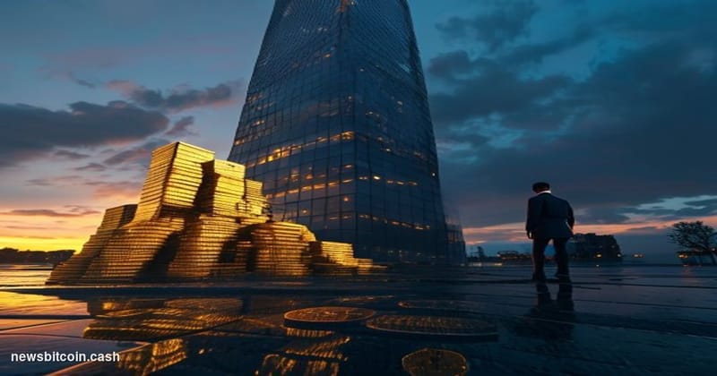 A cinematic photorealistic editorial photograph shot at ground level looking up at a massive corporate headquarters tower in 