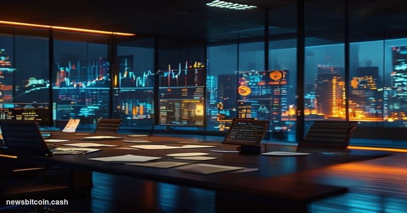 Cinematic photorealistic editorial photograph of a modern corporate treasury operations room at night, with floor-to-ceiling 
