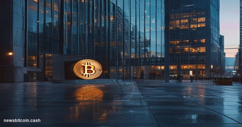 Cinematic photorealistic editorial photograph of a modern corporate headquarters building in an urban financial district, sho