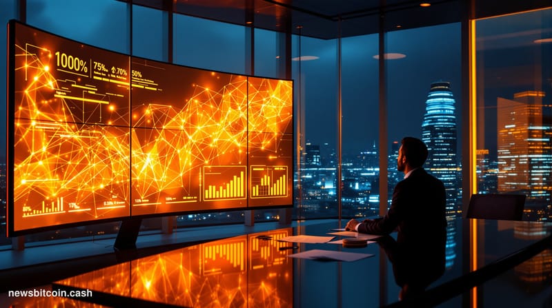 Cinematic photorealistic editorial photograph of a sleek, glass-walled corporate treasury office interior at night, dramatica
