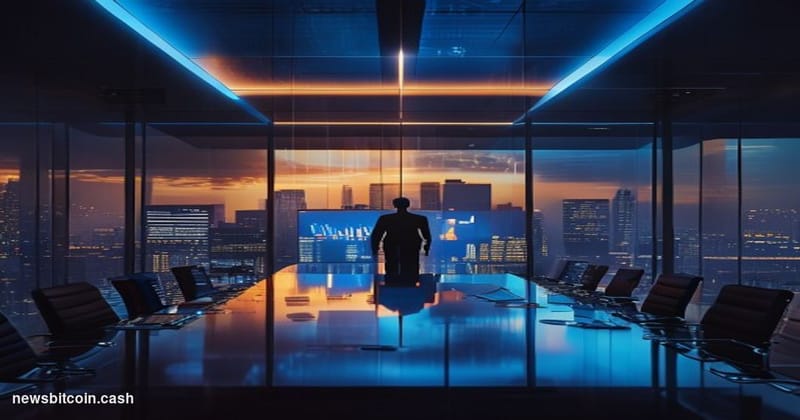 Cinematic photorealistic editorial photograph of a modern corporate boardroom interior, dramatically lit from above with cool