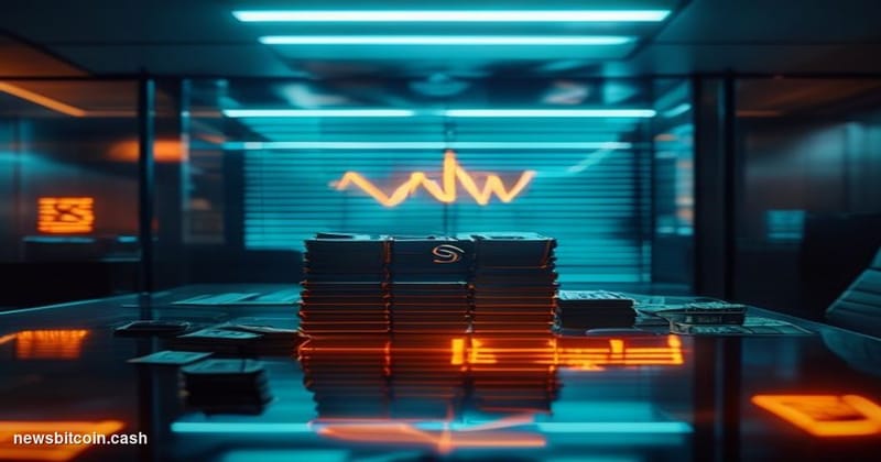 Cinematic photorealistic editorial photograph of a modern corporate treasury room bathed in cool blue-grey light, with a sing