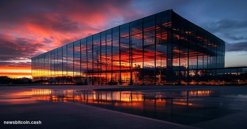 Cinematic photorealistic editorial photograph of Strategy's (formerly MicroStrategy) corporate headquarters in Tysons Corner,